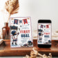Hockey first birthday invitation with toddler hockey player, goal net, scoreboard, skates, puck, stick, helmet, gloves, snowflakes, and red navy sports details