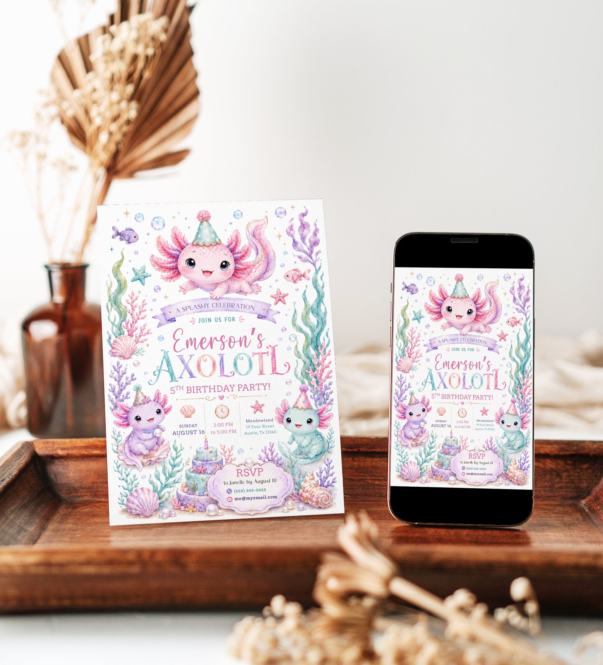 Axolotl birthday party invitation with pastel axolotls, coral, seashells, bubbles, starfish, pearls, ocean cake, and cute under the sea birthday details