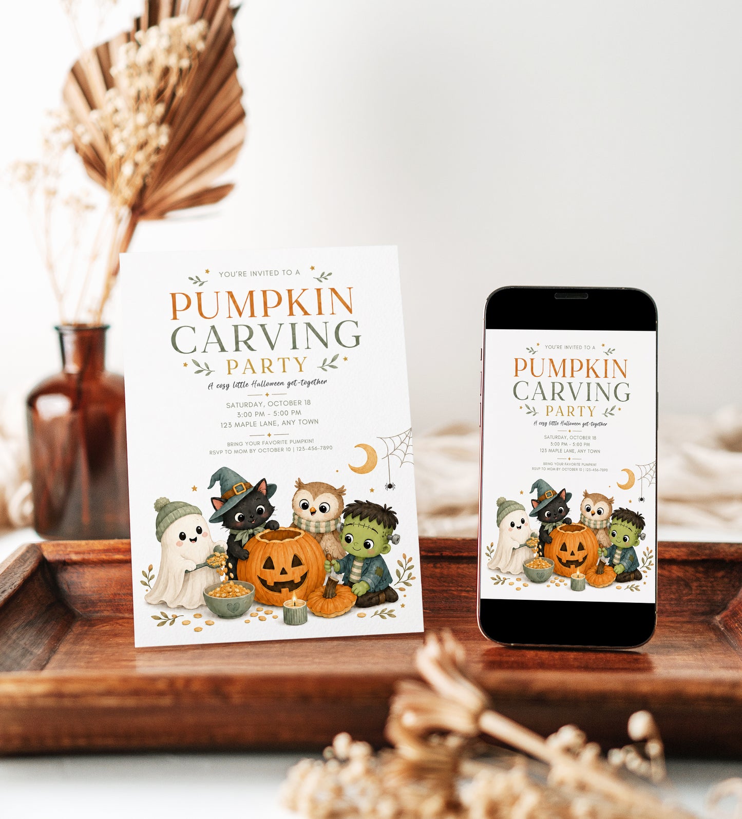 Pumpkin carving party invitation with ghost, black cat, owl, Frankenstein, carved pumpkin, and cute Halloween party details