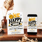 One Happy Dude first birthday invitation with retro smiley face, yellow and black lettering, lightning bolts, stars, and checkerboard birthday party details