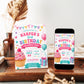 Cupcake birthday invitation with pink frosted cupcake, sprinkles, balloons, party banner, gift box, stars, confetti, hearts, and colorful pastel details