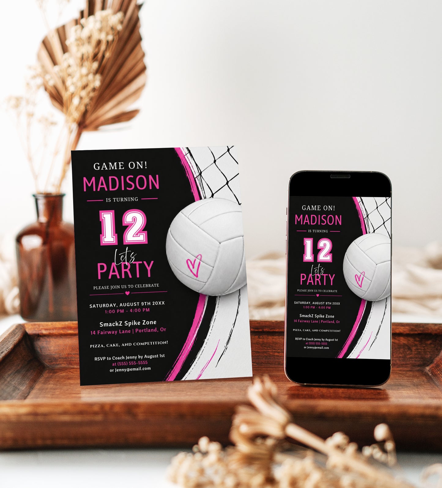 Volleyball girl birthday invitation with a volleyball and net in bold pink, black, and white