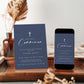 Navy blue boy first holy communion invitation template with white cross and elegant calligraphy script, editable in Canva
