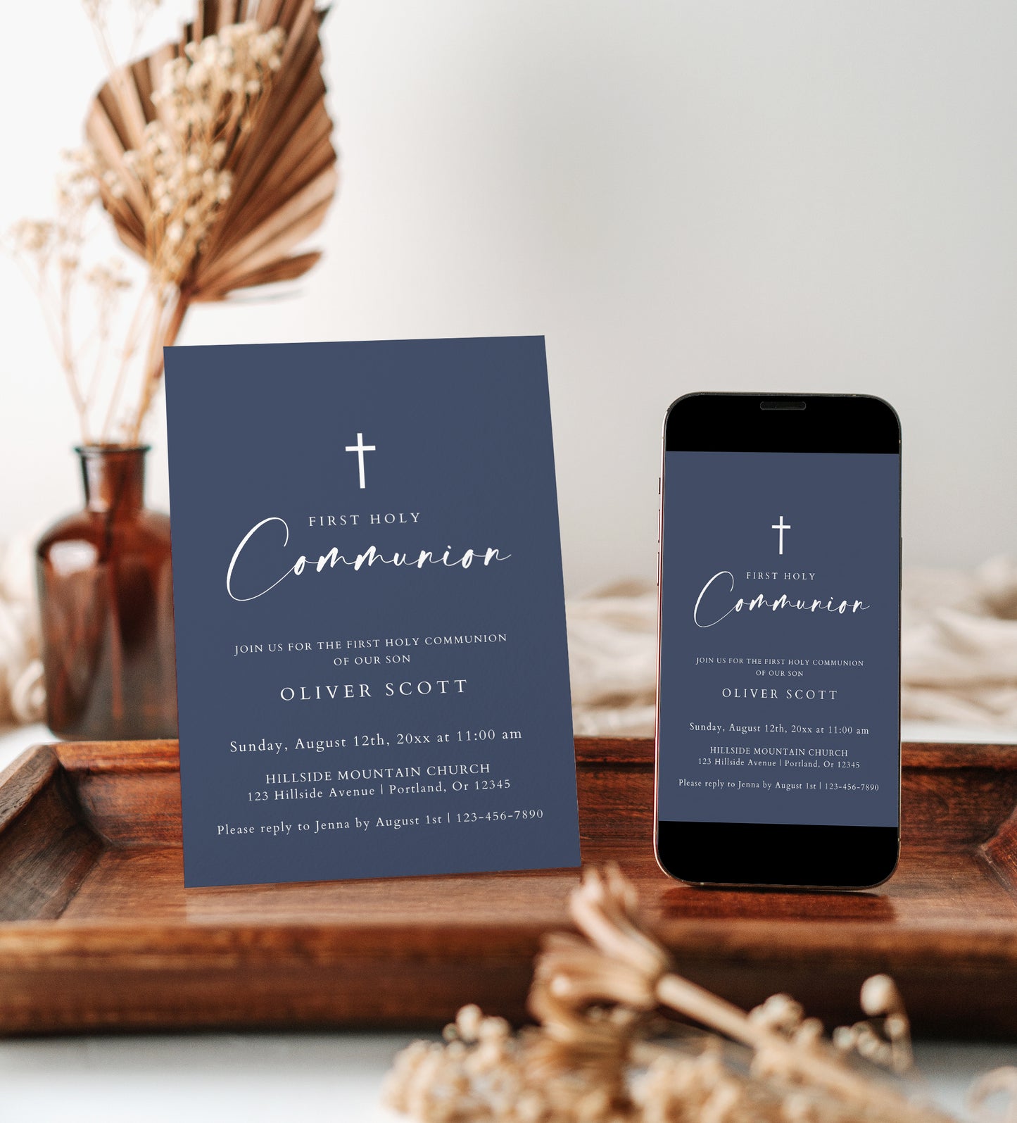 Navy blue boy first holy communion invitation template with white cross and elegant calligraphy script, editable in Canva