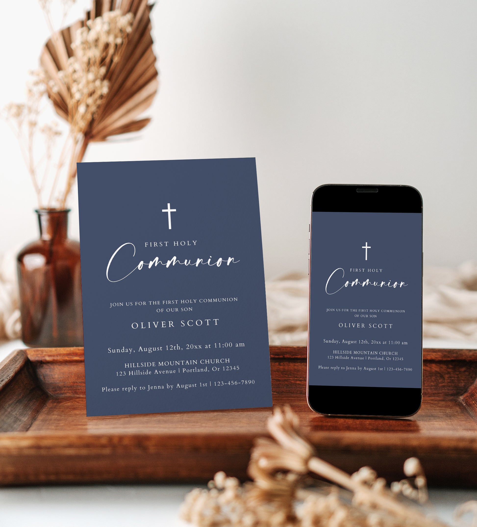 Navy blue boy first holy communion invitation template with white cross and elegant calligraphy script, editable in Canva
