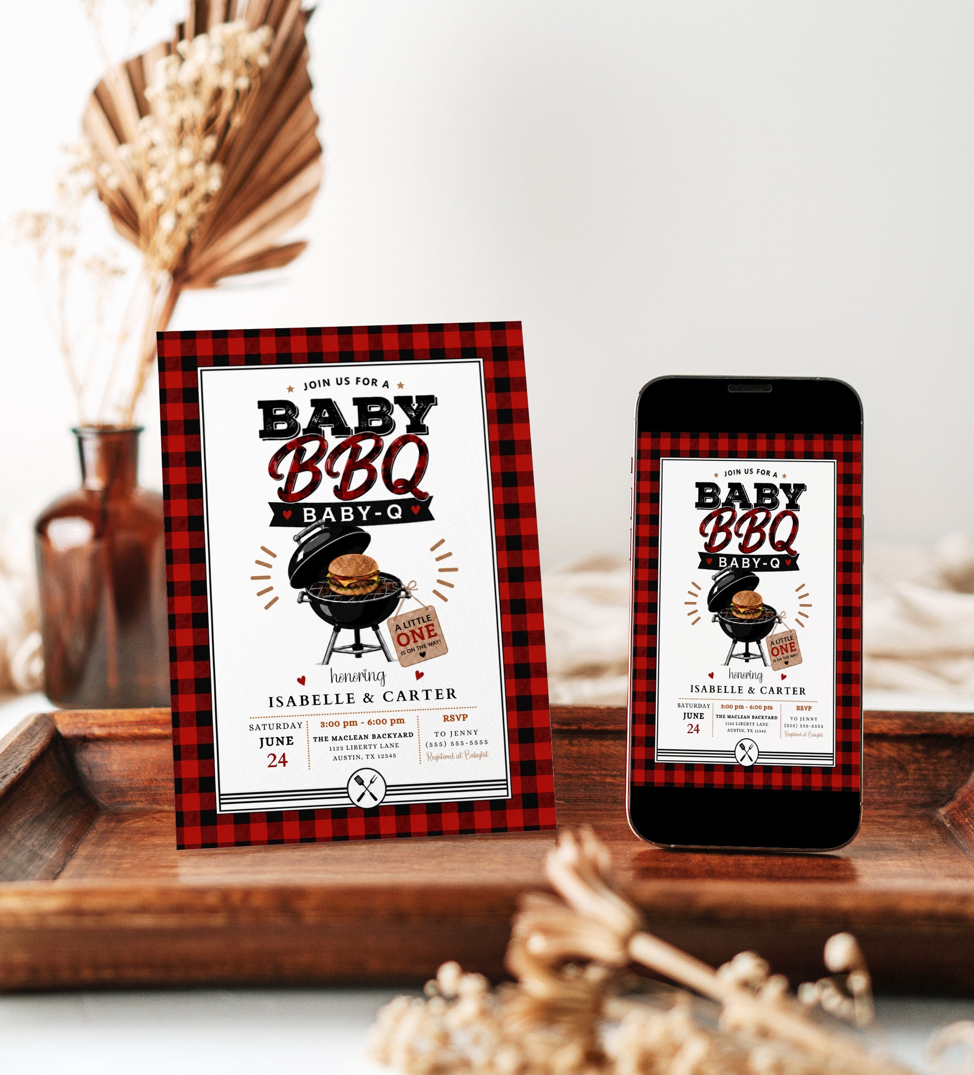 Buffalo plaid BBQ baby shower invitation with a grill and burger in red, black, and white