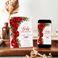 Christmas baby shower invitation with a large red bow and flowing ribbon, green holly, red berries, evergreen branches, and gold lettering on a white background