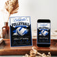 Volleyball boy birthday invitation with a blue and white volleyball and brush strokes in blue, black, and white