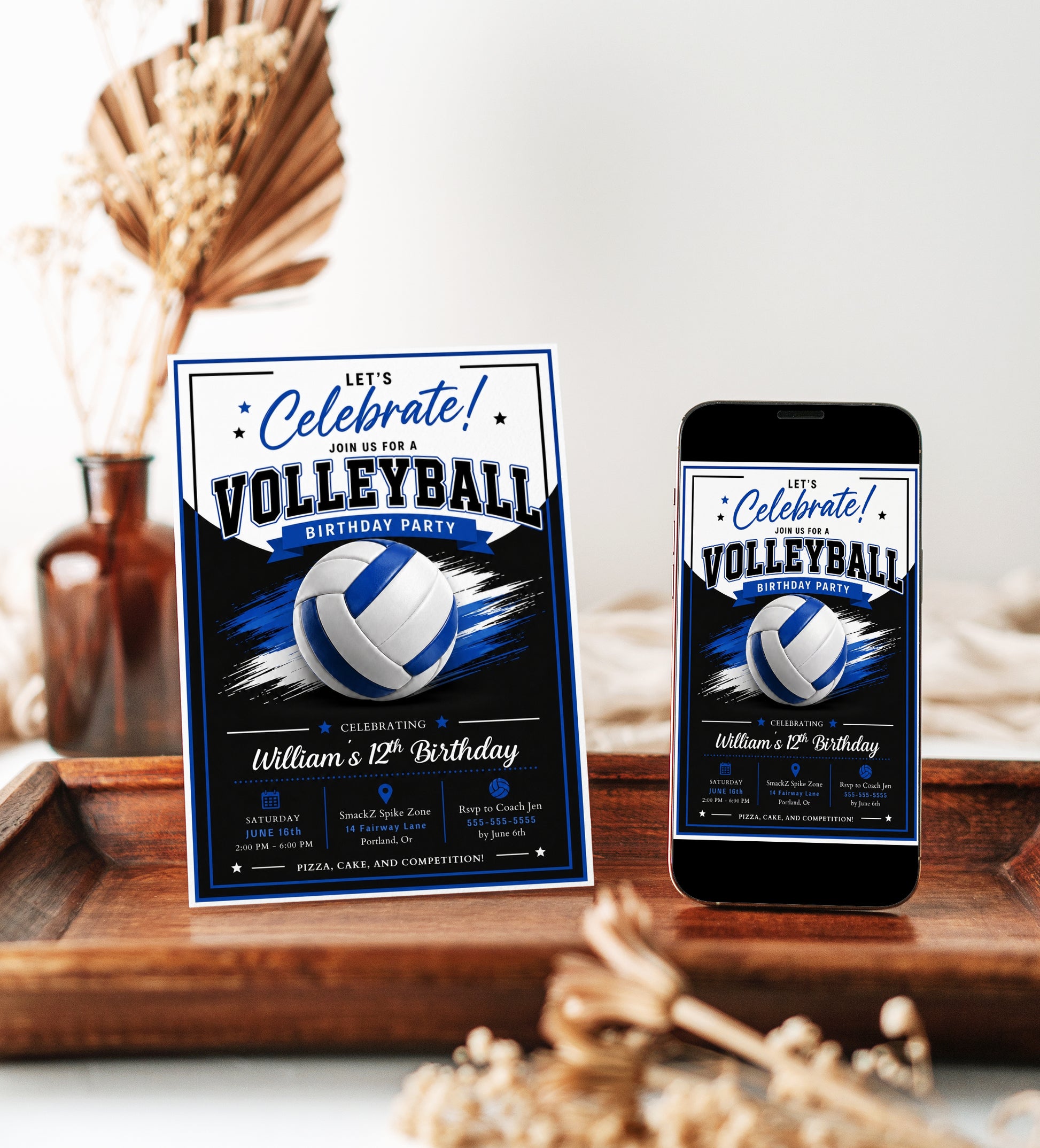 Volleyball boy birthday invitation with a blue and white volleyball and brush strokes in blue, black, and white