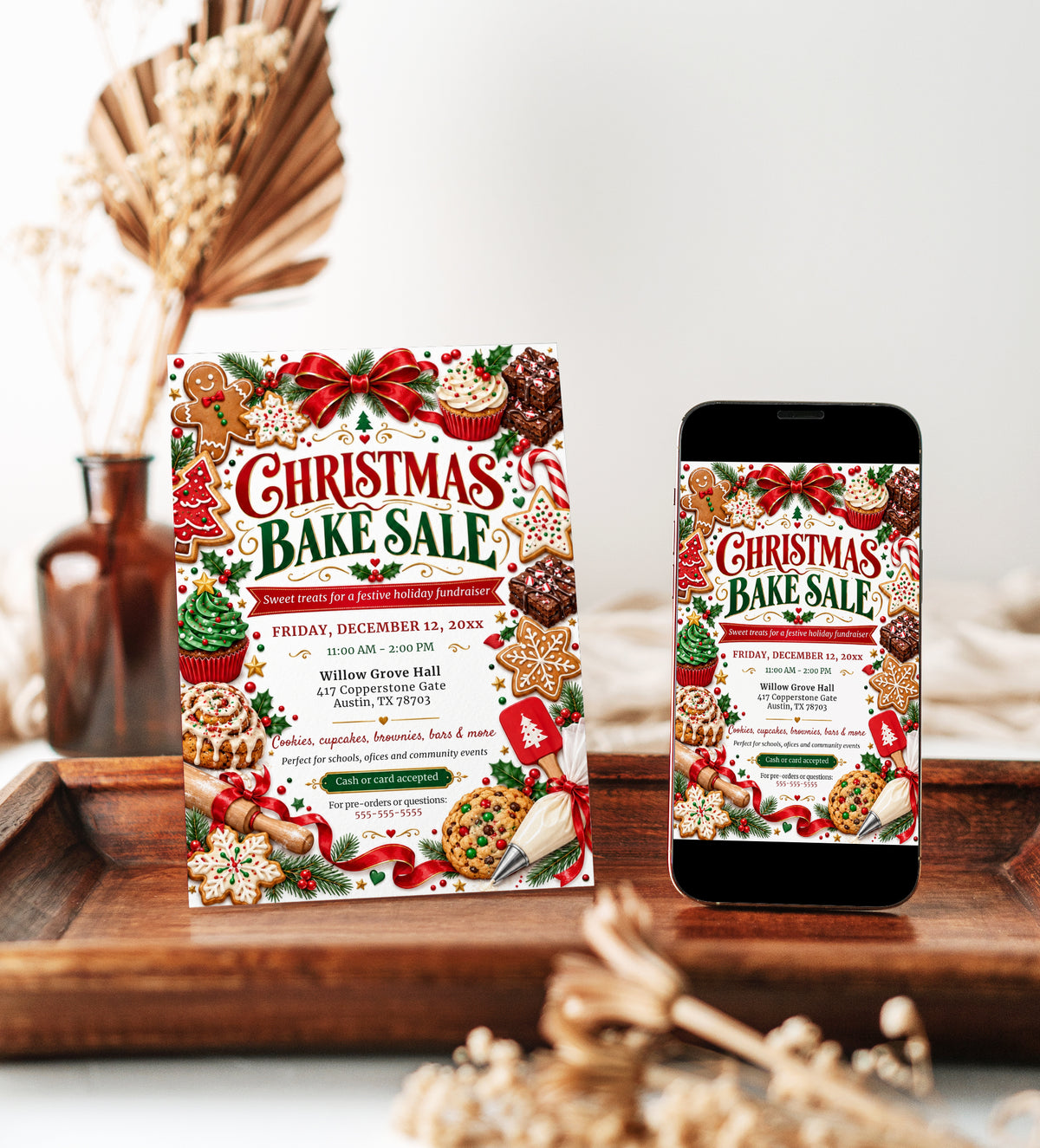 Christmas bake sale flyer with red and green lettering, gingerbread cookies, cupcakes, brownies, festive bows, and baking tools