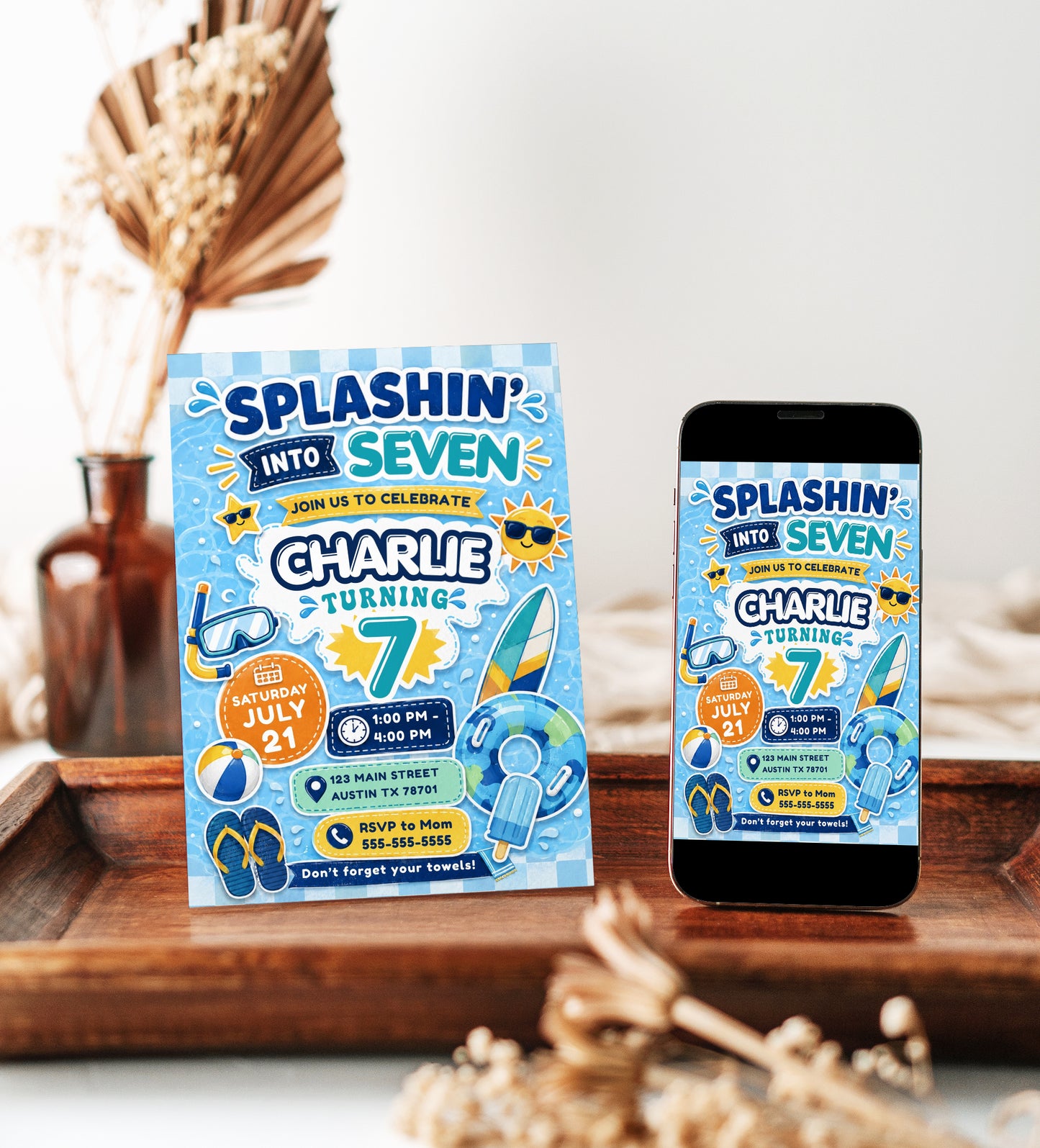 Splashin’ into seven birthday invitation with blue water splashes, swim goggles, surfboard, float tube, beach ball, flip flops, and pool party details