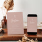 Pink dusty rose girl baptism invitation template with white cross and elegant script typography, editable in Canva