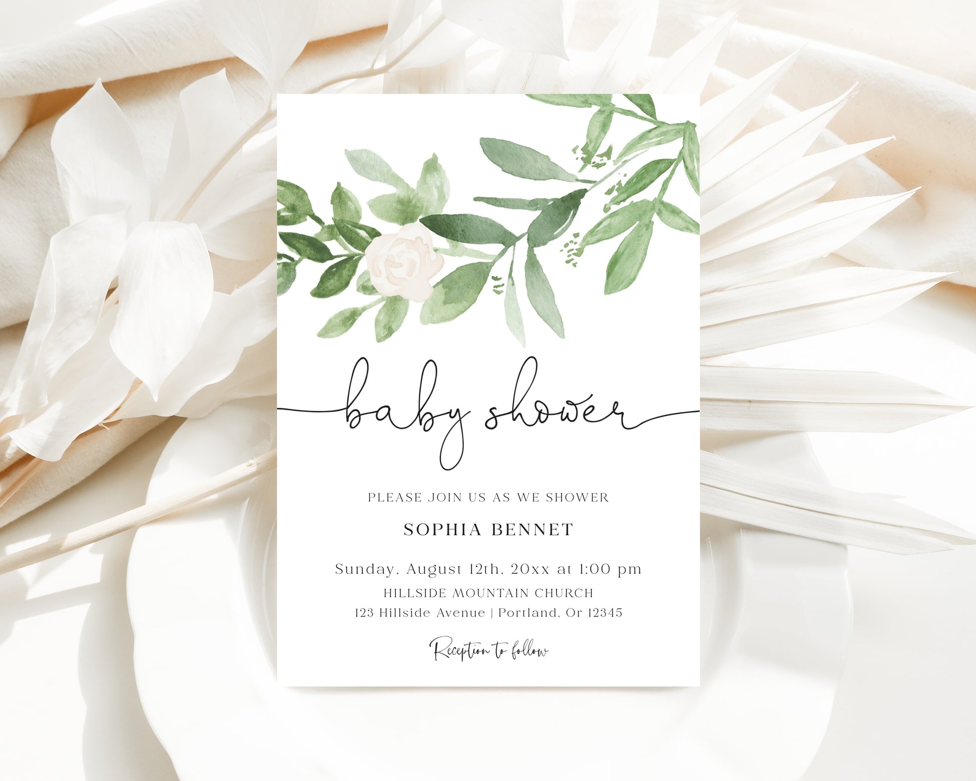 Greenery botanical baby shower invitation template with watercolor eucalyptus branches and cream rose on white background, editable in Canva