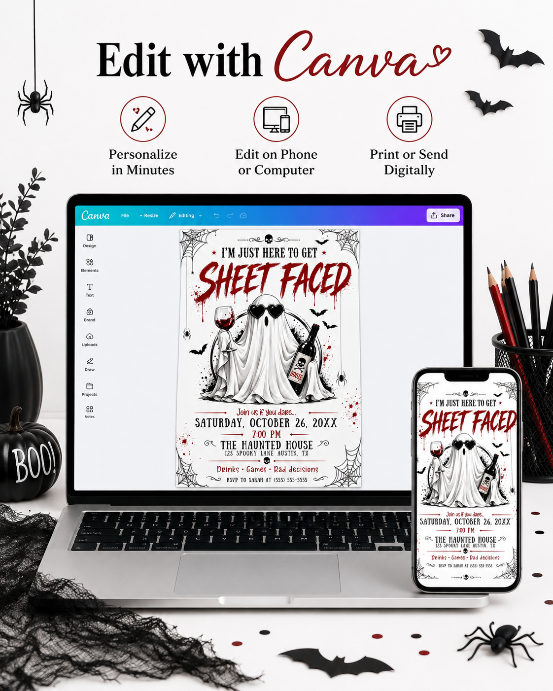 Sheet Faced Halloween party invitation with wine-drinking ghost, heart sunglasses, bats, spiders, skulls, and funny adult Halloween party details
