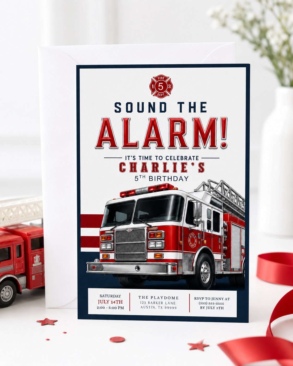 Sound the Alarm firetruck birthday invitation featuring a realistic red ladder fire engine with bold red, white and navy details.
