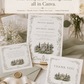 Sage green botanical vine wedding stationery suite showing invitation, details enclosure card, and folded thank you card with watercolor estate illustration, editable in Canva
