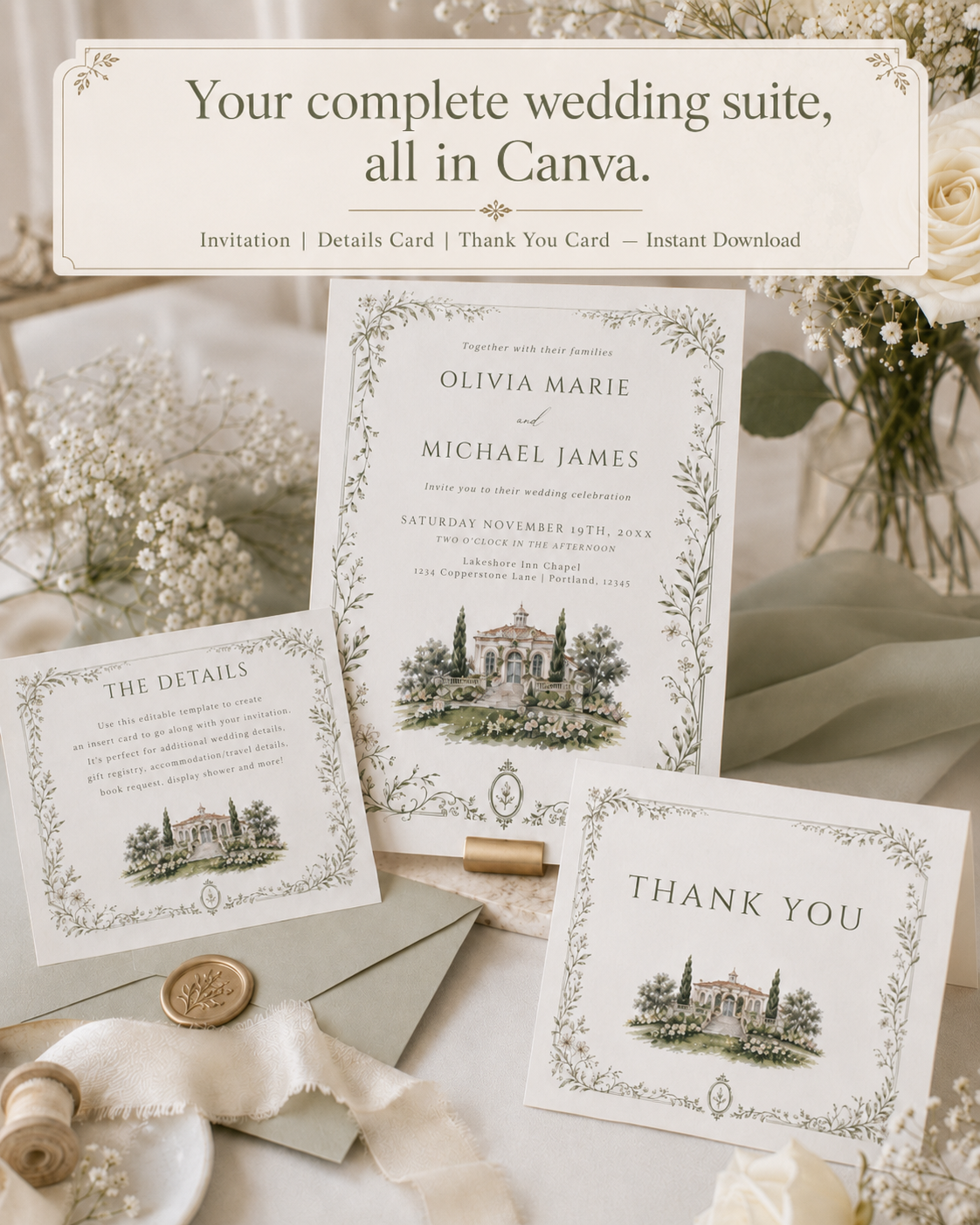 Sage green botanical vine wedding stationery suite showing invitation, details enclosure card, and folded thank you card with watercolor estate illustration, editable in Canva
