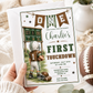 Football first birthday invitation with toddler football player, scoreboard, helmet, footballs, pennant banner, stars, field details, and green brown varsity style