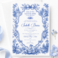 Blue toile baby shower invitation with ornate floral frame, bow, baby carriage, rocking horse, countryside scene, and elegant royal blue vintage details