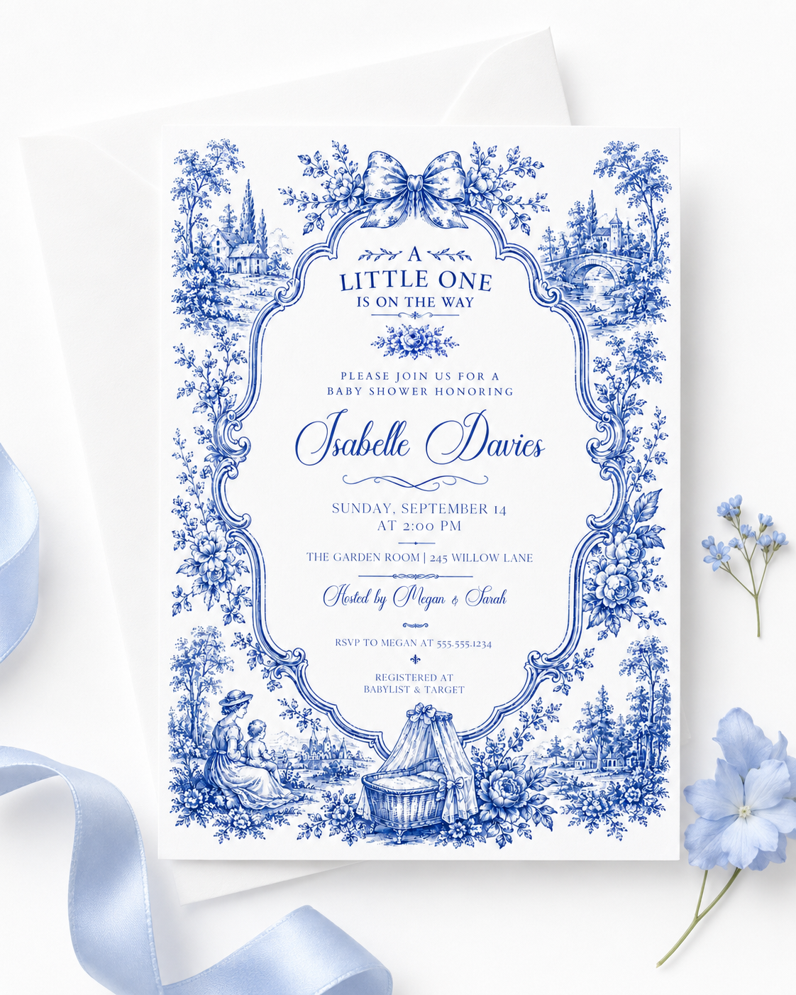 Blue toile baby shower invitation with ornate floral frame, bow, baby carriage, rocking horse, countryside scene, and elegant royal blue vintage details