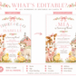 Three-I-E-I-O third birthday invitation for girls featuring a pink barn, cow, pig, lamb, chicks, flowers and pink gingham bows.