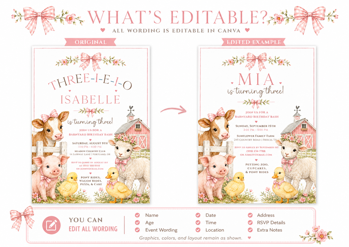 Three-I-E-I-O third birthday invitation for girls featuring a pink barn, cow, pig, lamb, chicks, flowers and pink gingham bows.
