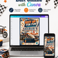 Dirt bike birthday invitation with orange motorcycle, racing helmet, checkered flags, tire tracks, stars, and bold motocross party details