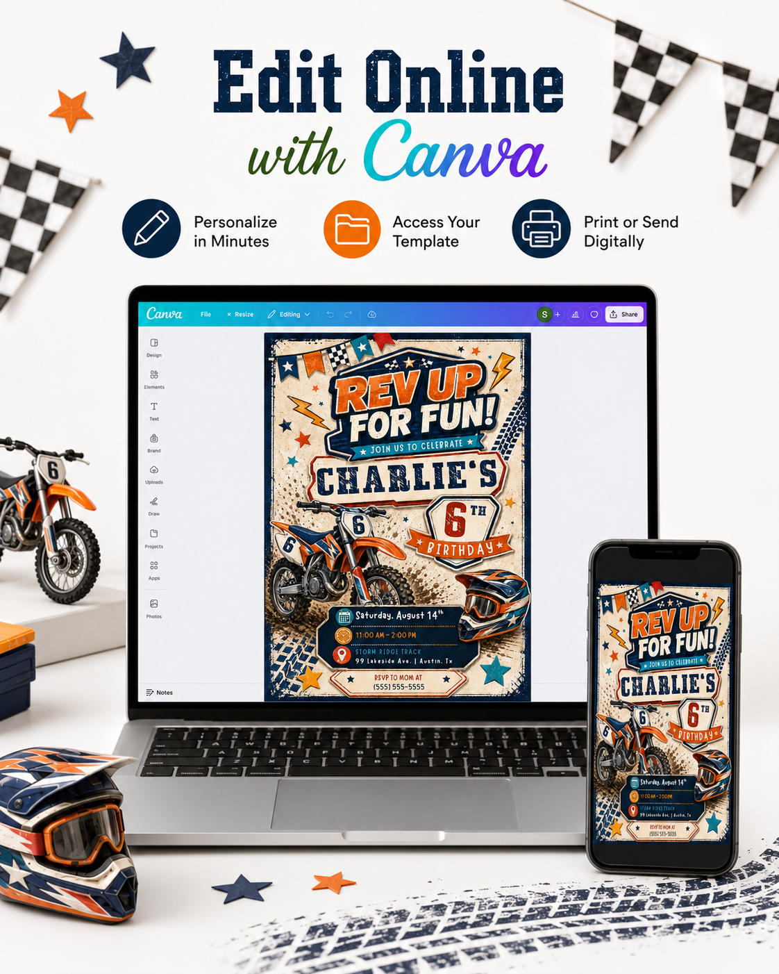 Dirt bike birthday invitation with orange motorcycle, racing helmet, checkered flags, tire tracks, stars, and bold motocross party details
