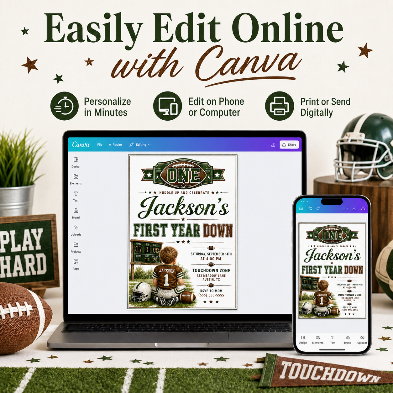First Year Down first birthday invitation with little football player, scoreboard, helmet, football, and green brown football party details