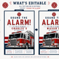 Sound the Alarm firetruck birthday invitation featuring a realistic red ladder fire engine with bold red, white and navy details.
