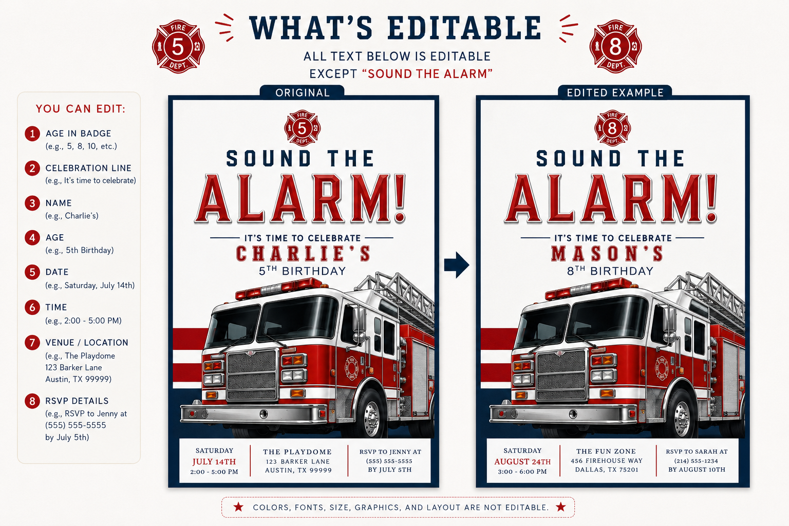 Sound the Alarm firetruck birthday invitation featuring a realistic red ladder fire engine with bold red, white and navy details.
