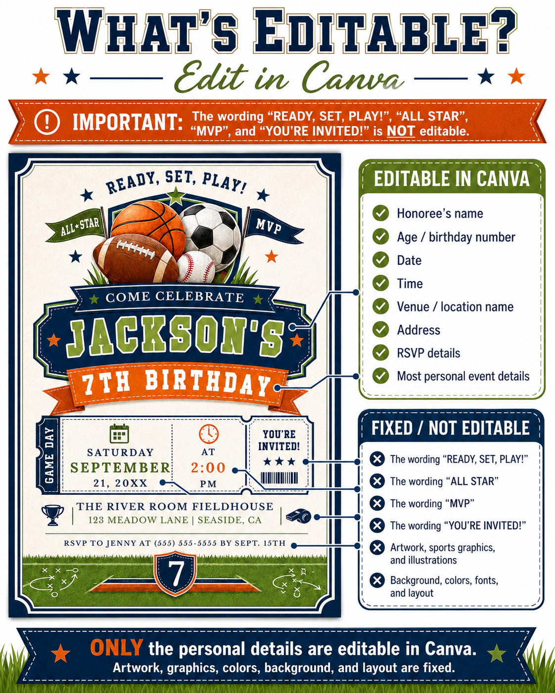 All-star birthday invitation with soccer ball, basketball, football, baseball, varsity lettering, pennant flags, stars, whistle, foam finger, and navy green red sports details