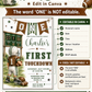 Football first birthday invitation with toddler football player, scoreboard, helmet, footballs, pennant banner, stars, field details, and green brown varsity style