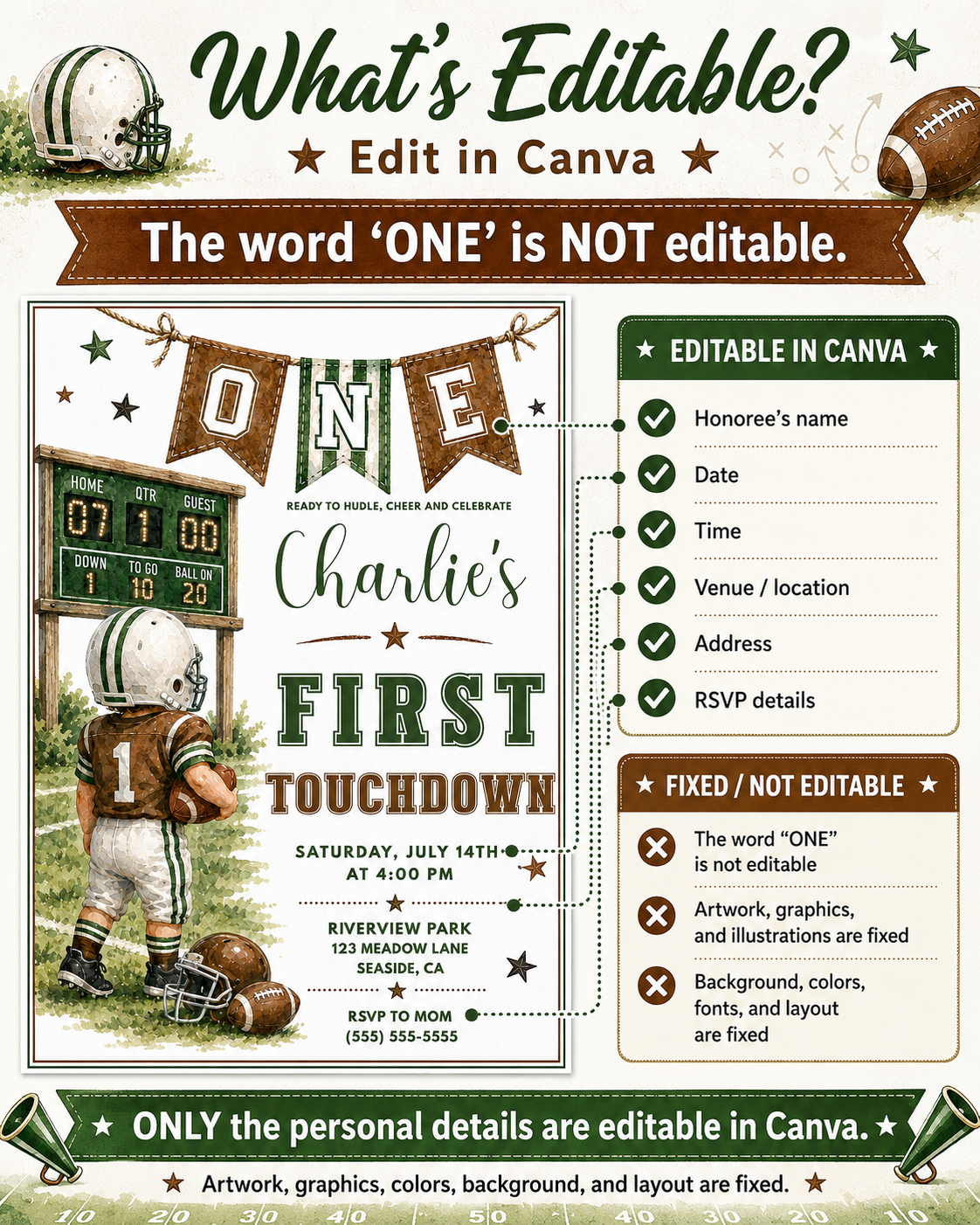 Football first birthday invitation with toddler football player, scoreboard, helmet, footballs, pennant banner, stars, field details, and green brown varsity style