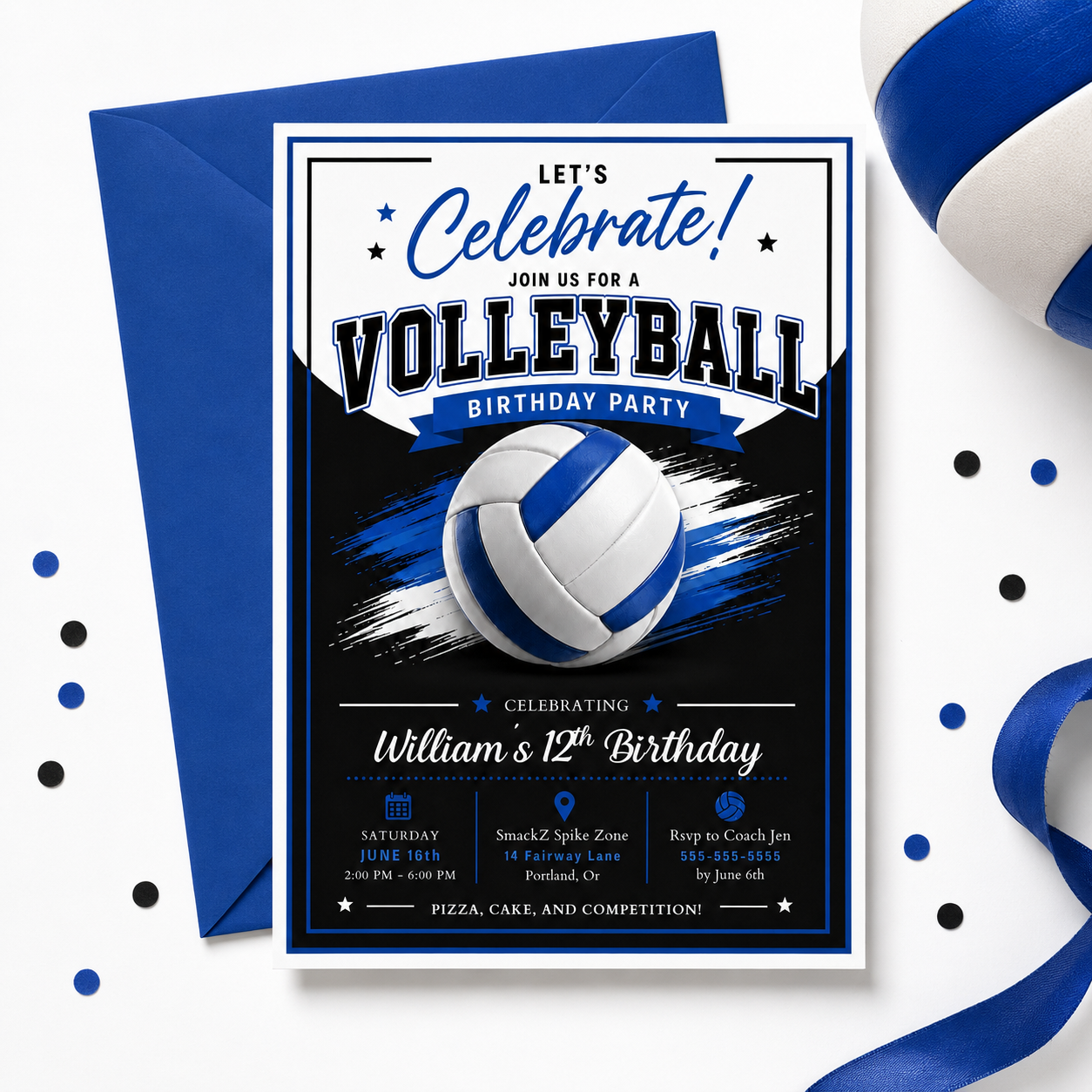 Volleyball boy birthday invitation with a blue and white volleyball and brush strokes in blue, black, and white