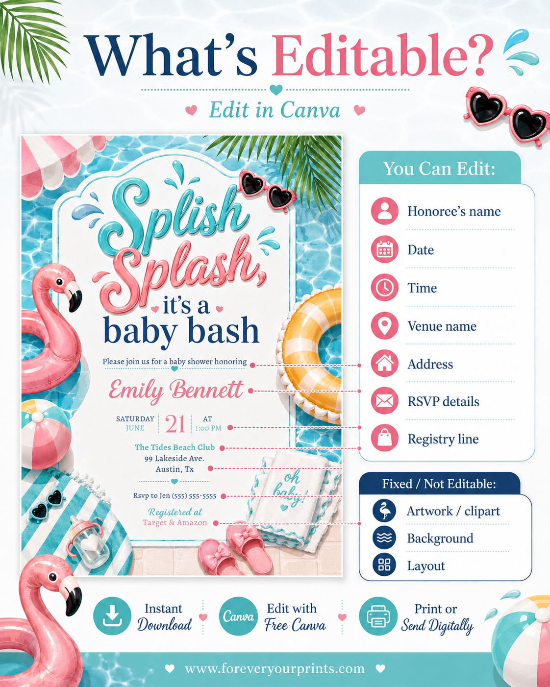 Pool party baby shower invitation with a flamingo float, beach ball, and pink umbrella in pink and aqua