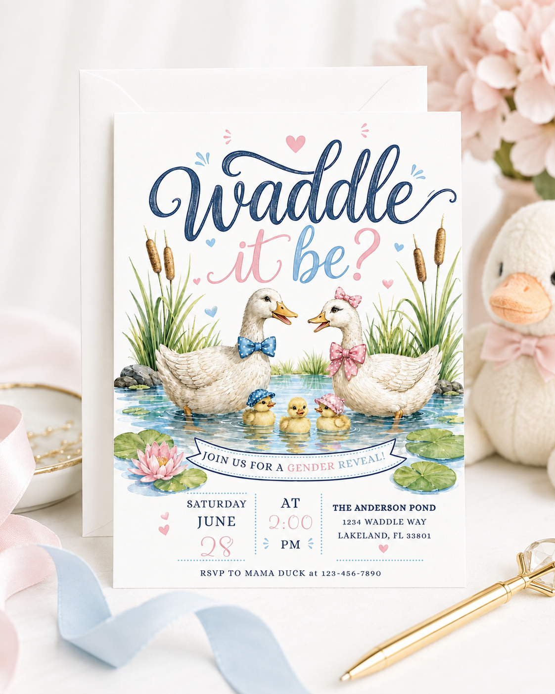 Waddle it be gender reveal invitation with watercolor ducks, baby ducklings, pink and blue bows, pond water, cattails, lily pads, hearts, and pastel details