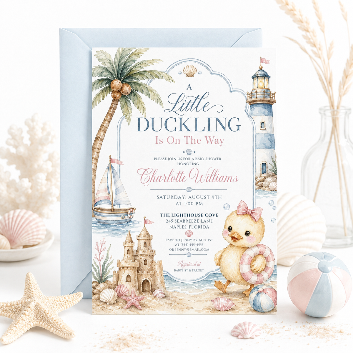 Beach duckling baby shower invitation with baby duck, pink bow, sailboat, lighthouse, sandcastle, seashells, starfish, ocean waves, and soft pastel girl shower details