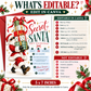 Secret Santa gift exchange invitation with Santa wearing sunglasses and carrying stacked red, green, and gold presents, flowing red ribbons, and gold stars