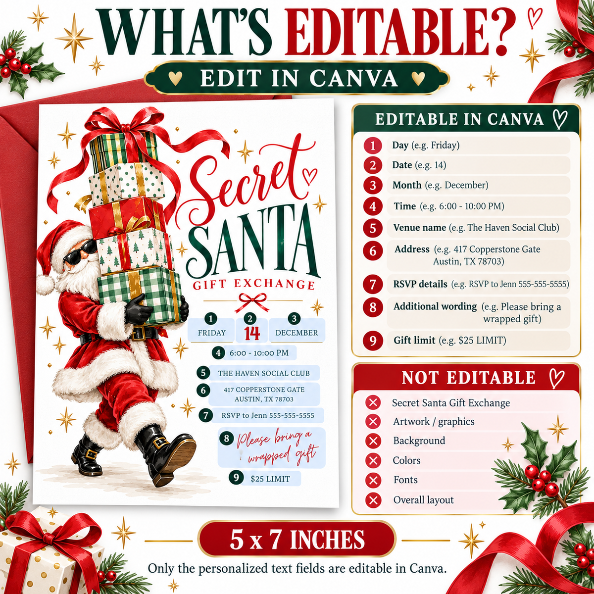 Secret Santa gift exchange invitation with Santa wearing sunglasses and carrying stacked red, green, and gold presents, flowing red ribbons, and gold stars