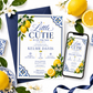 Lemon baby shower invitation with Mediterranean blue tiles and citrus in blue and yellow