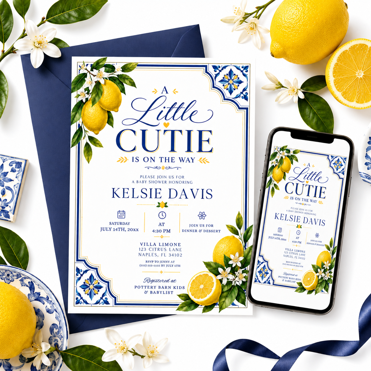Lemon baby shower invitation with Mediterranean blue tiles and citrus in blue and yellow