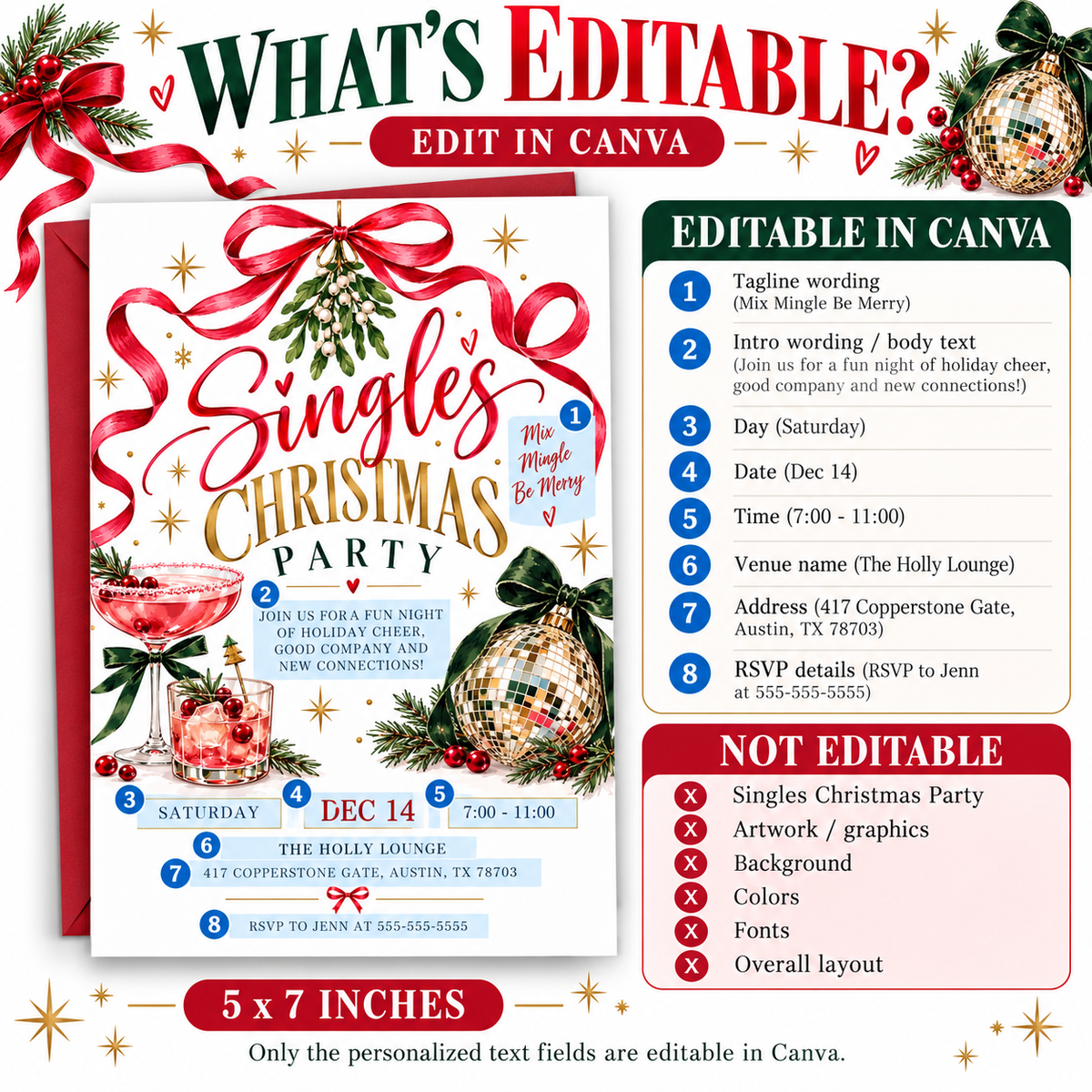 Singles Christmas party invitation with pink holiday cocktails, a gold disco ball ornament, hanging mistletoe, flowing red ribbon, green bows, and gold stars