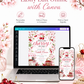 Cherry baby shower invitation featuring red cherries, pink cherry blossoms, blush gingham bows, cherry cart, basket and floral details.
