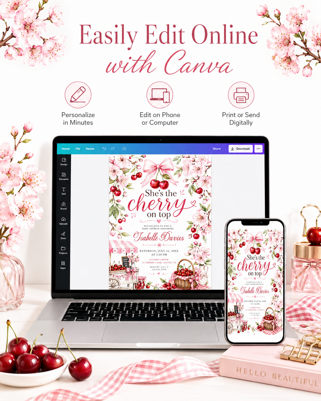 Cherry baby shower invitation featuring red cherries, pink cherry blossoms, blush gingham bows, cherry cart, basket and floral details.
