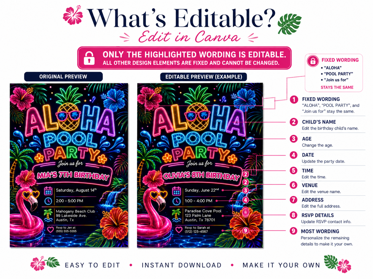 Neon Aloha pool party birthday invitation featuring a glowing pineapple, pink flamingo float, hibiscus flowers, palm trees and colorful tropical lights.
