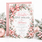 Winter Onederland 1st birthday invitation with a large pink bow, pink poinsettias, snow-covered greenery, pinecones, pink ornaments, and delicate snowflakes
