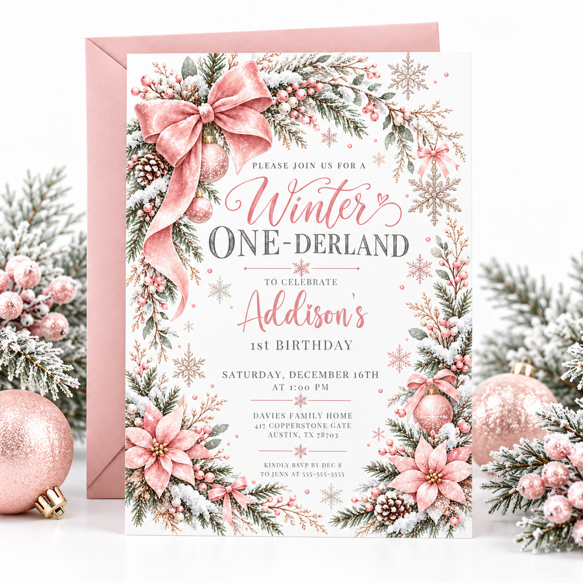 Winter Onederland 1st birthday invitation with a large pink bow, pink poinsettias, snow-covered greenery, pinecones, pink ornaments, and delicate snowflakes
