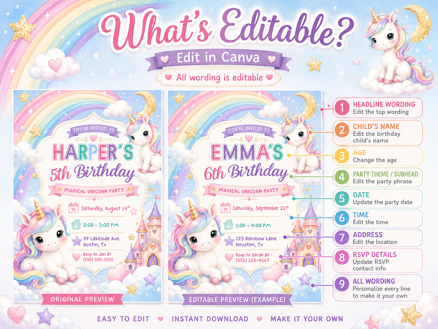 Unicorn fifth birthday invitation featuring pastel unicorns, a rainbow, fluffy clouds, gold stars, crescent moon and pink fairytale castle.
