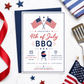 Editable Fourth of July party invitation Canva template with crossed American flags, BBQ grill icon, star accents, and red script and navy bold typography on a white background